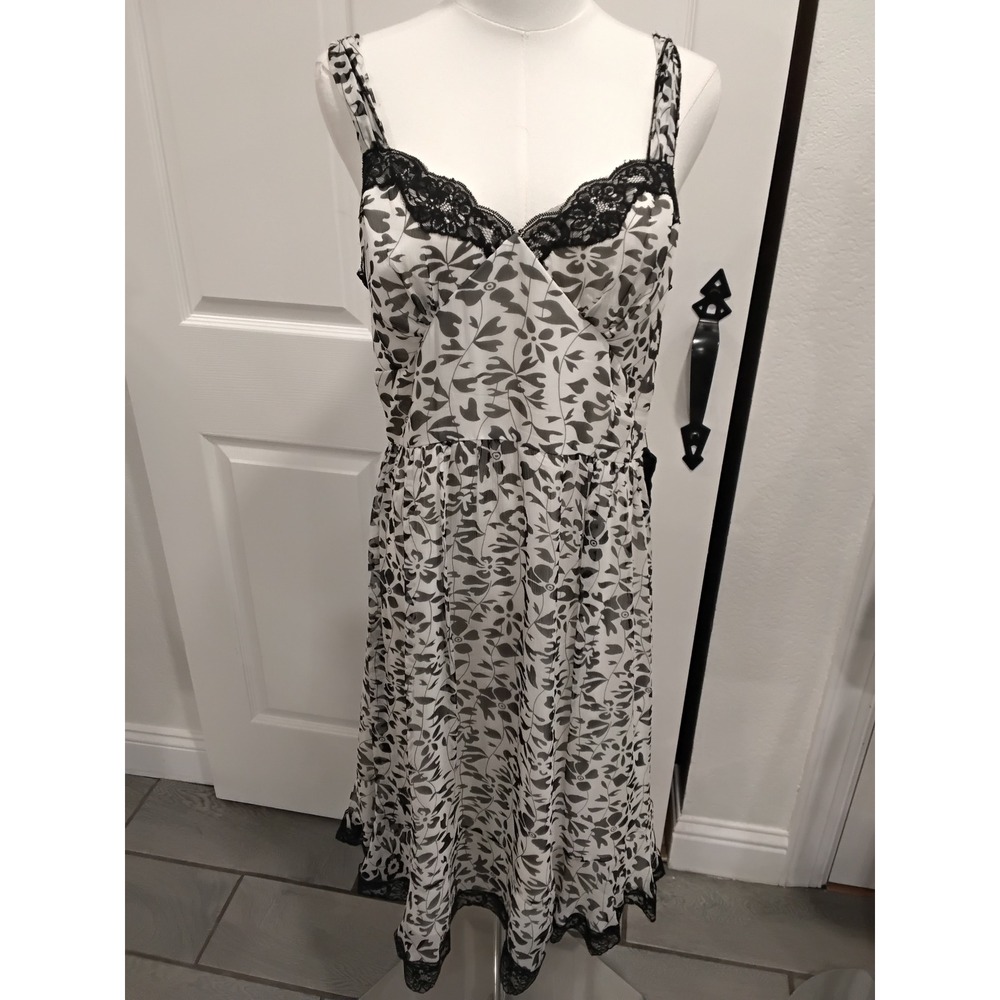 Lapla Sheer Silk Floral Lace Trim Midi Dress Black White- M